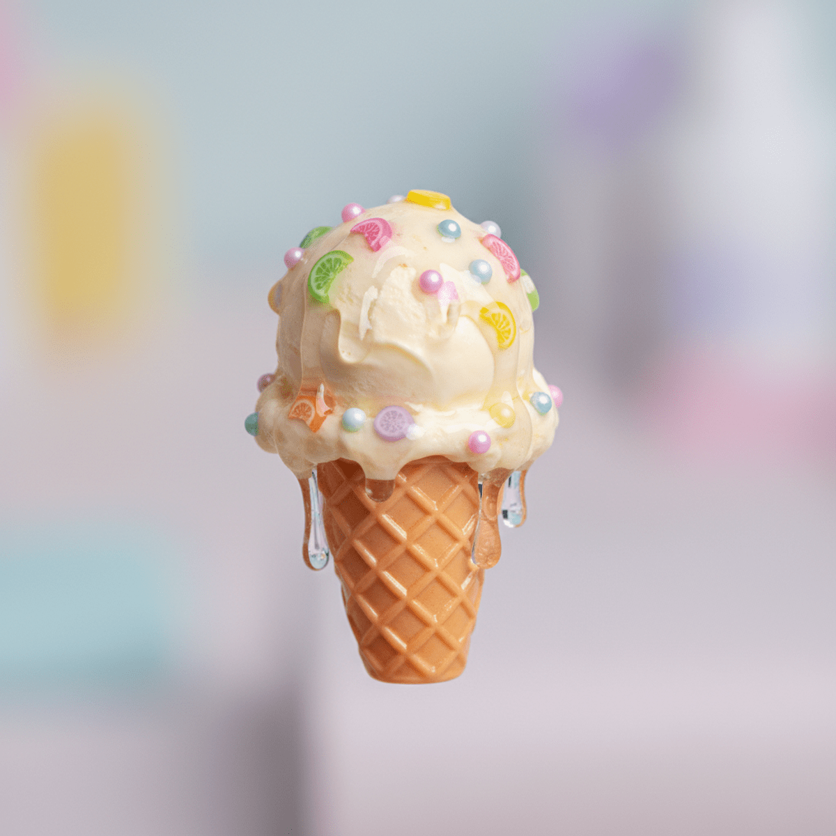 Hyper-realistic ice cream manicure accent nail with glossy drips and waffle cone.