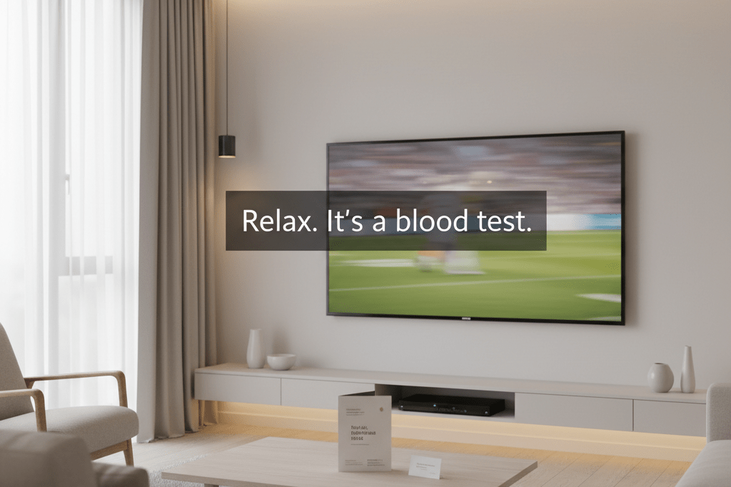 Medium shot of a living room with TV showing abstract football imagery and subtle health message, no people or branding visible