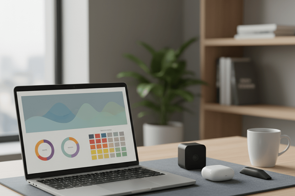 Medium shot of laptop showing abstract data dashboard beside three unlabeled tech products on a gray felt mat in natural light