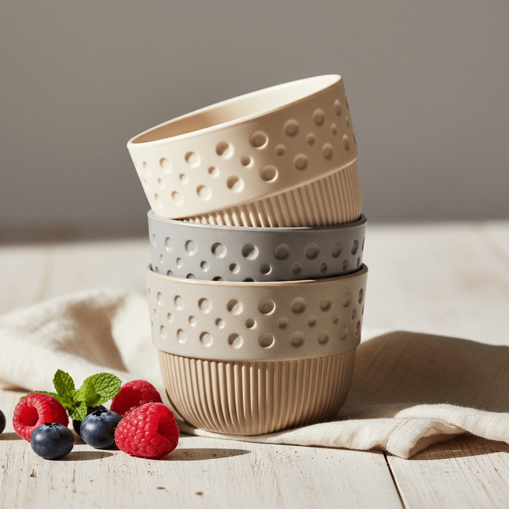 Close-up of stackable ribbed plastic snack cups with ceramic-inspired finish.