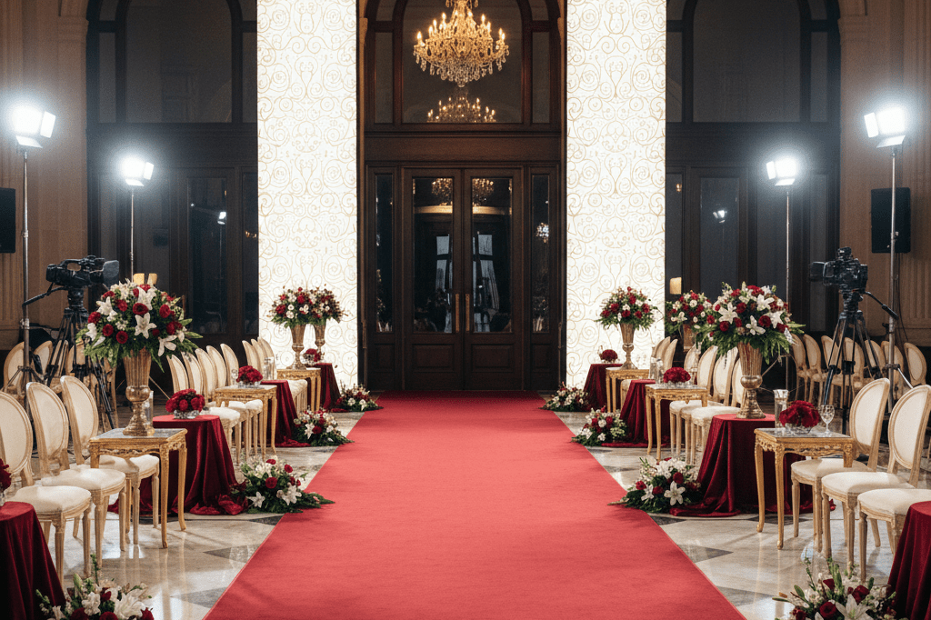 Wide shot of a luxurious red carpet area with glowing banners and decorative details under ambient lighting, symbolizing high-profile entertainment marketing