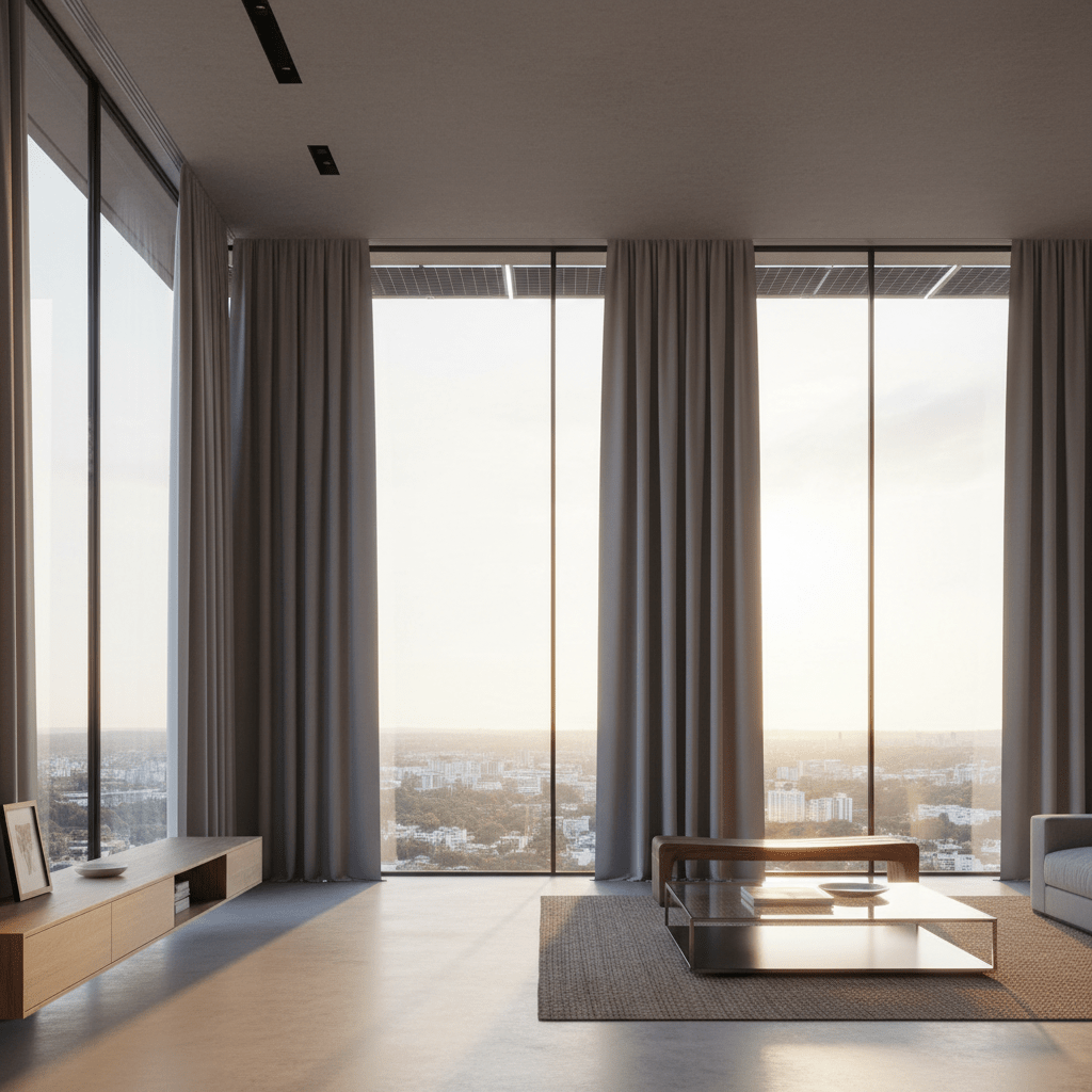 Minimalist smart home with automatic curtains bathed in golden hour sunlight.