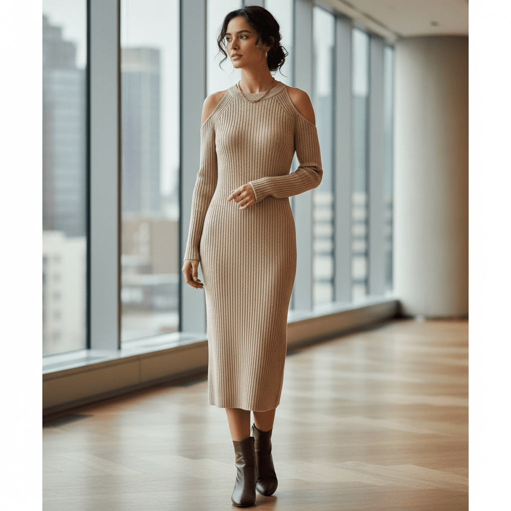 Fitted beige knit sweater dress with subtle shoulder slits in a modern office.
