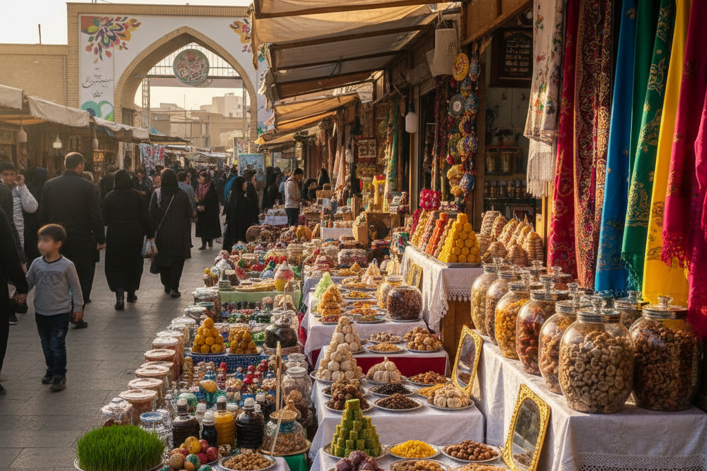 Vibrant Nowruz marketplace showcasing traditional celebration items Wide shot of a festive marketplace filled with Nowruz essentials like Haft Sin decor and sweets under natural light