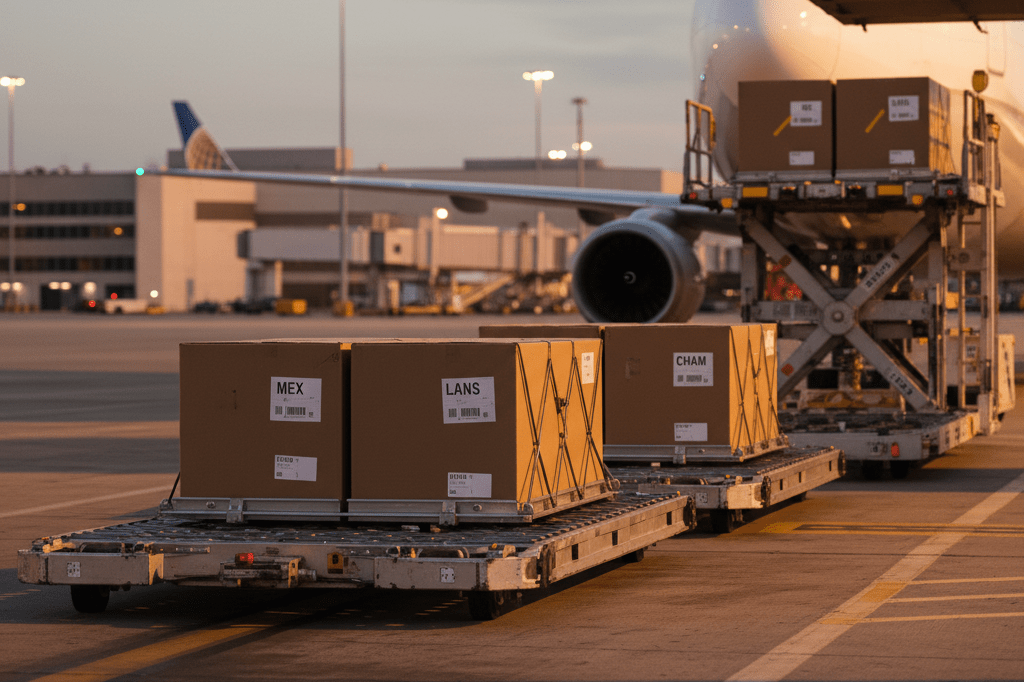 Medium shot of shipping pallets on conveyor belt at O'Hare cargo terminal during dusk with ambient lighting and blurred airline infrastructure
