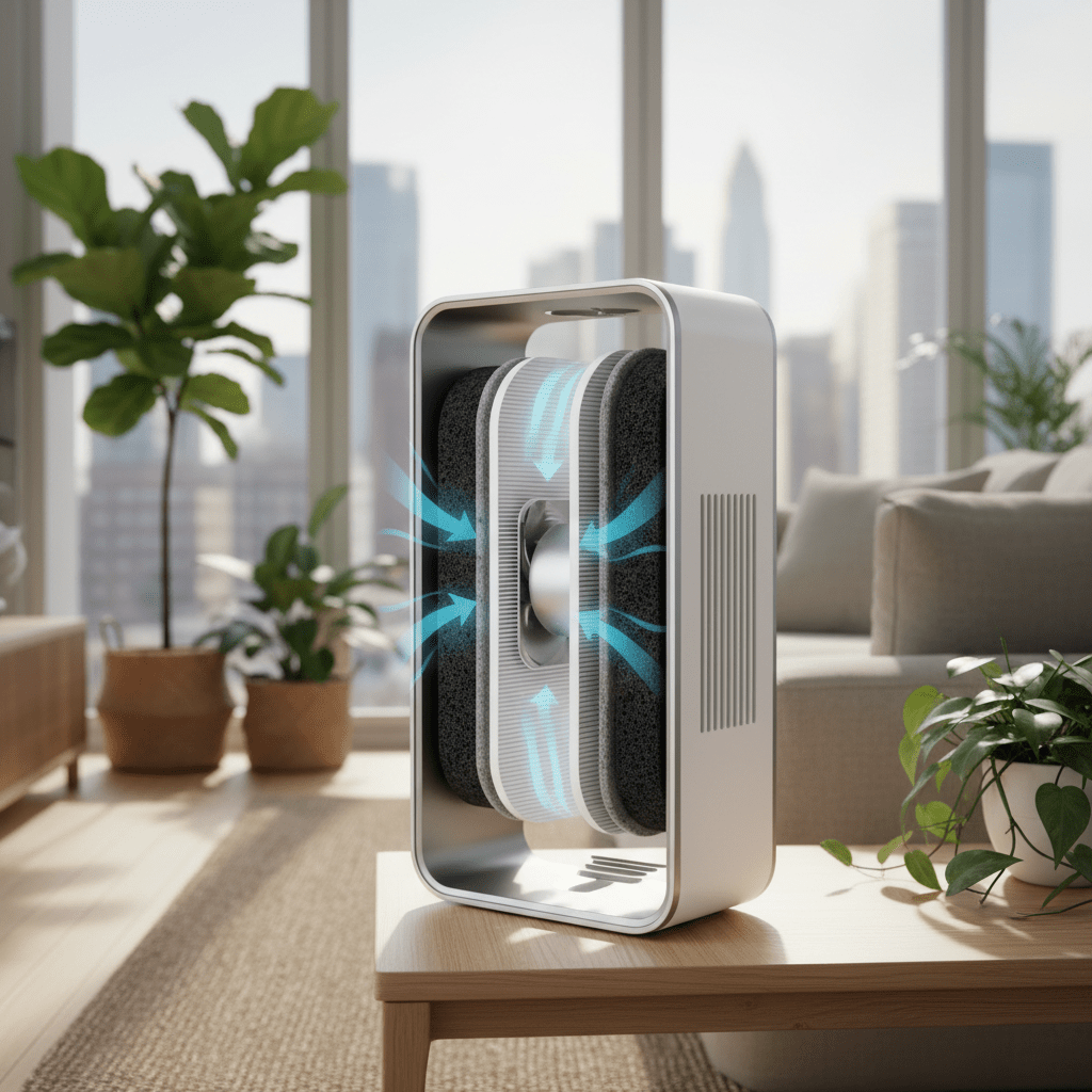High-tech air purifier fan internal filter layers Cutaway of a modern air purifier fan showing HEPA and carbon filter layers.