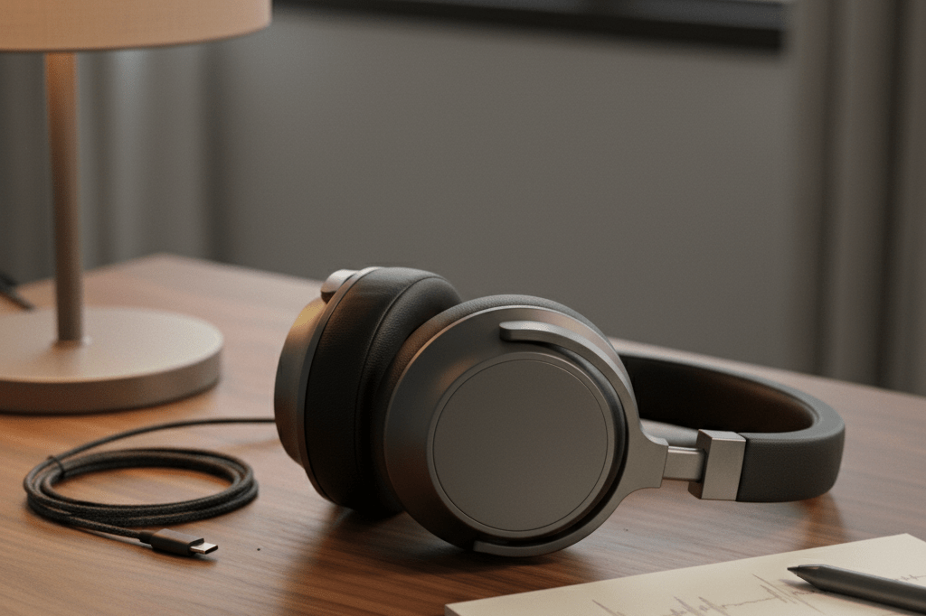 Detailed view of high-end headphones under warm ambient lighting, symbolizing luxury audio technology