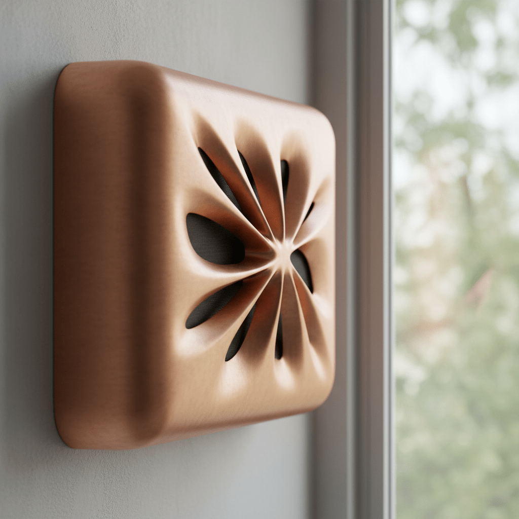 Futuristic vertical window air conditioner with sculptural copper wave vents.