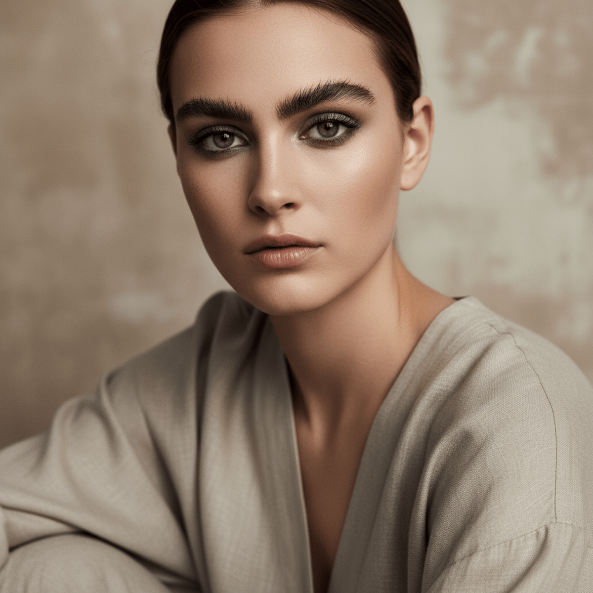 Modern reinterpretation of classic doe eyes with charcoal liner and matte finish.