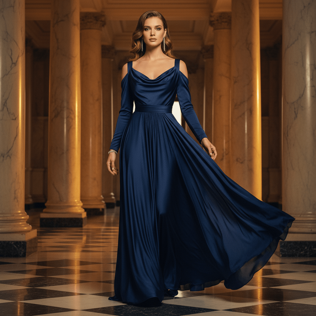 Elegant midnight blue silk dress with cowl neck in grand hall, cinematic lighting.
