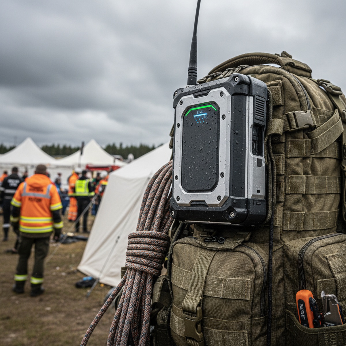 High-tech AI radio with mesh network on tactical gear, ready for disaster response.