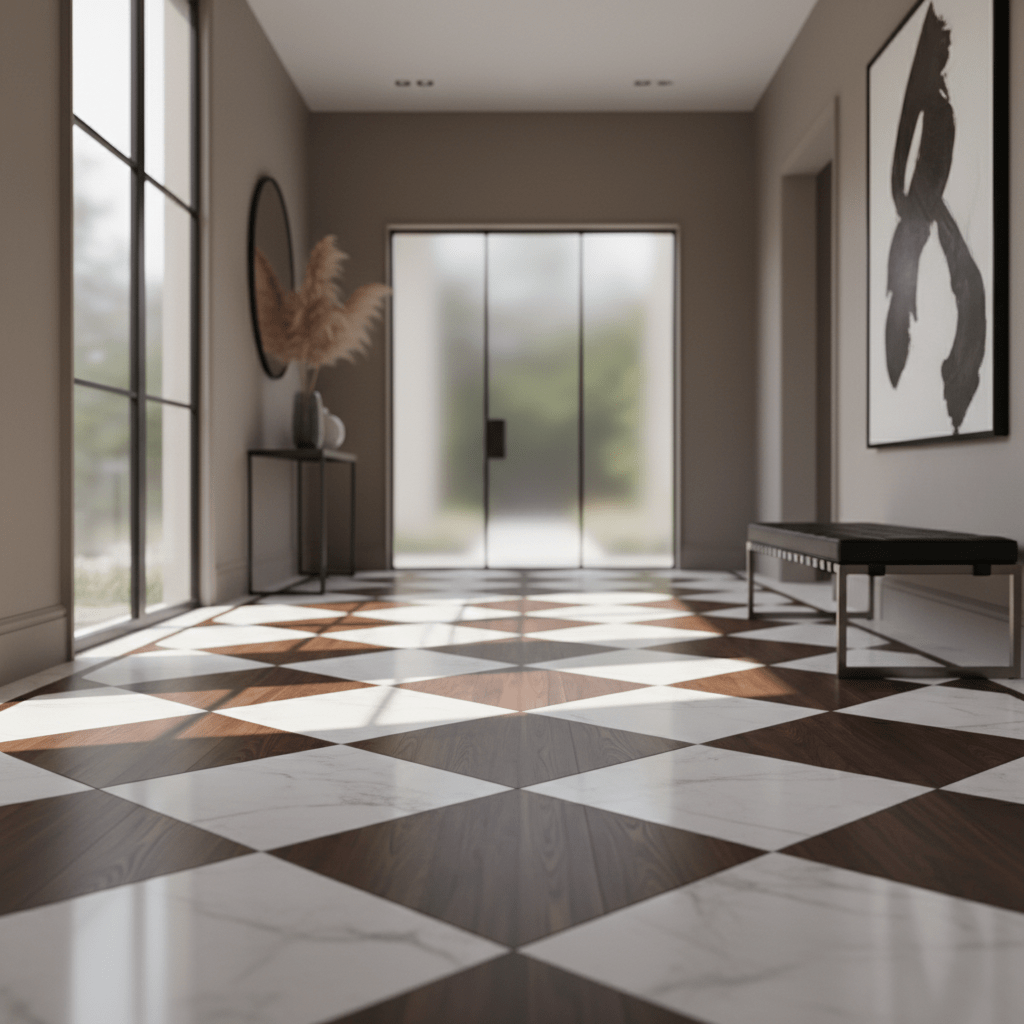 Luxurious entryway with honed marble and dark wood checkerboard flooring.