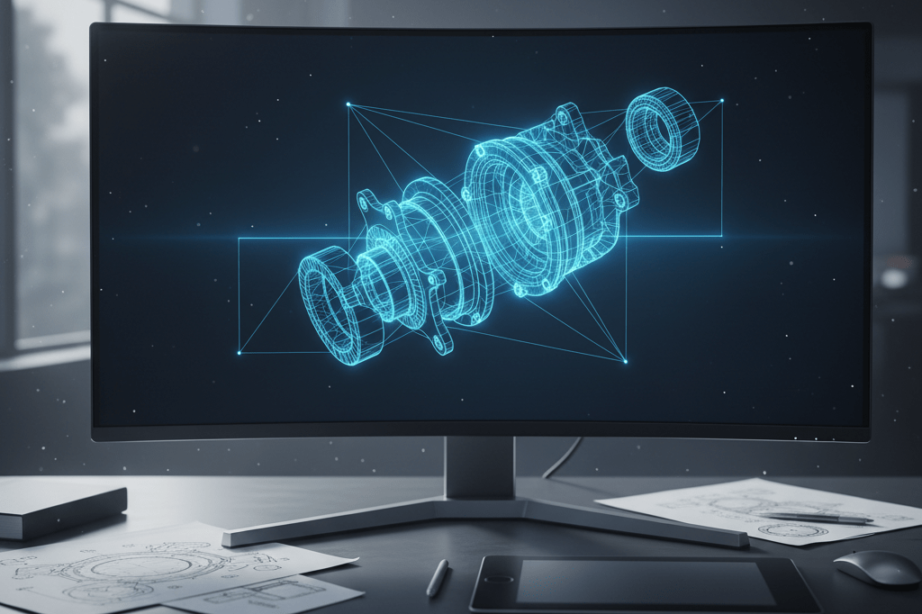 Engineering workstation showing digital reconstruction of fragmented parts on screen under natural light