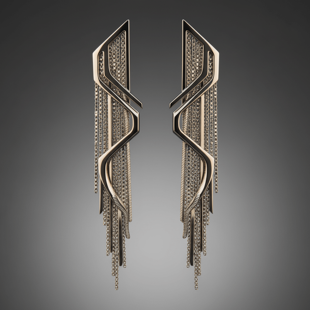 Close-up of futuristic tassel earrings with liquid silver chains in a geometric shape.