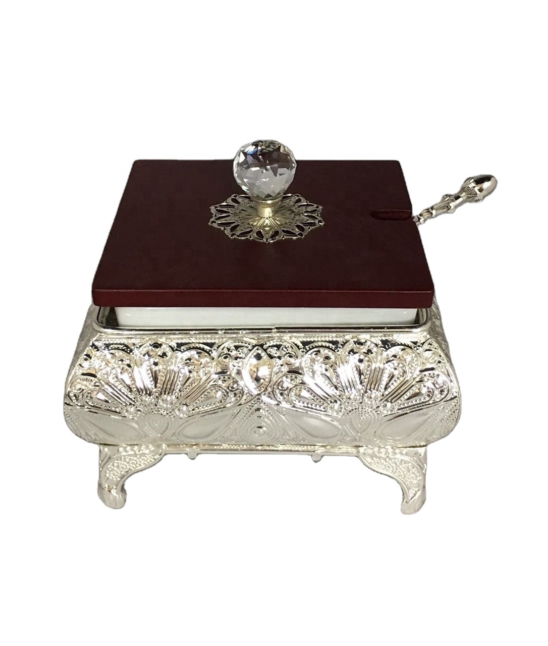 Кухонный металлический керамический сахарник с серебряной рамой из Саудовской Аравии с деревянной крышкой