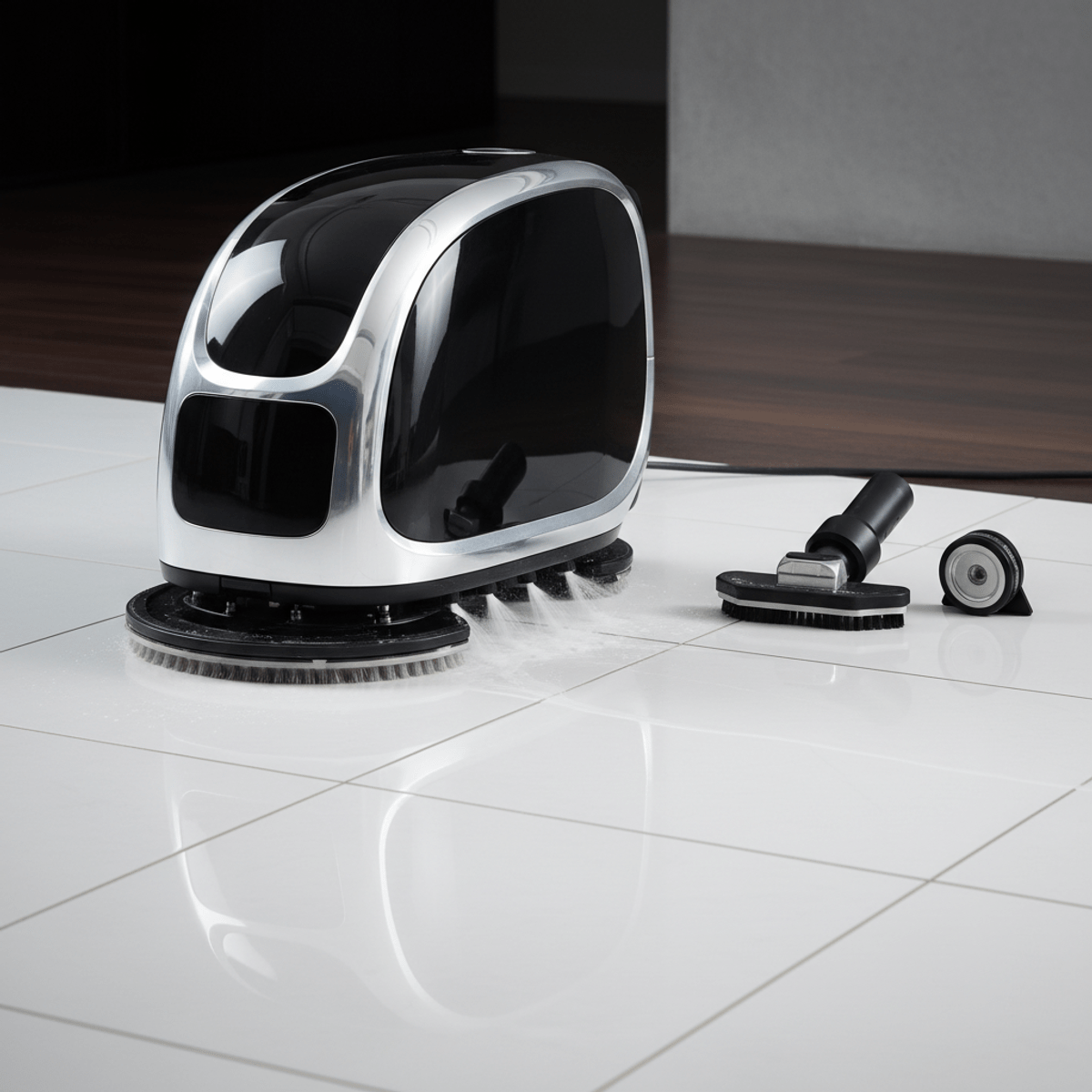 Advanced tile and grout cleaning machine in action Futuristic tile and grout cleaning machine on pristine white ceramic tile.