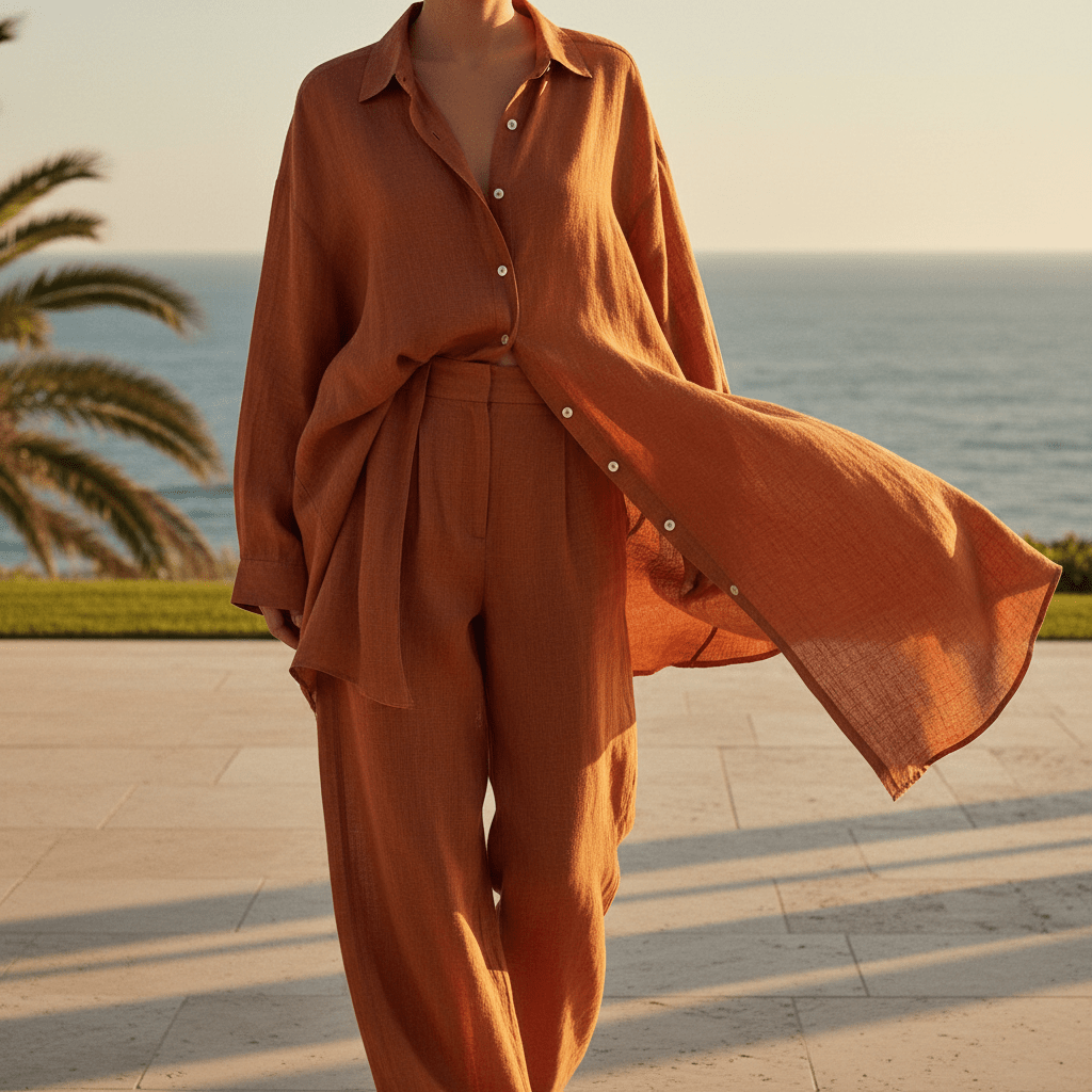Relaxed-fit linen shirt and wide-leg trousers in warm earth tones on a terrace.