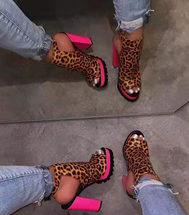 2020 Fashion Women Sexy Leopard Chunky Heel Boots Platform Peep Toe Thick High Heels Female Booties
