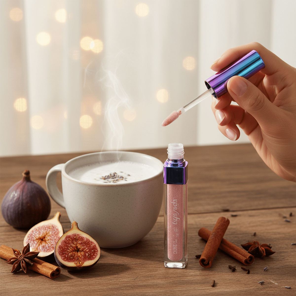 Hand applying iridescent Korean lip gloss beside lavender milk tea and figs.
