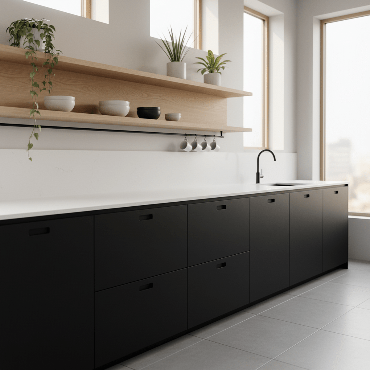 Minimalist Japandi kitchen with matte black cabinets and white countertops.