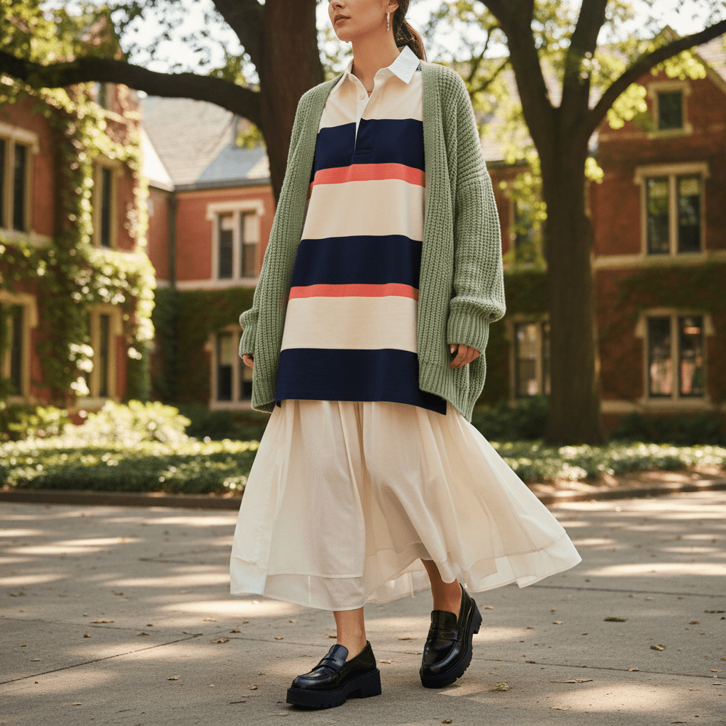 Model wears oversized color-blocked rugby shirt dress with pleated skirt and lug-sole loafers.