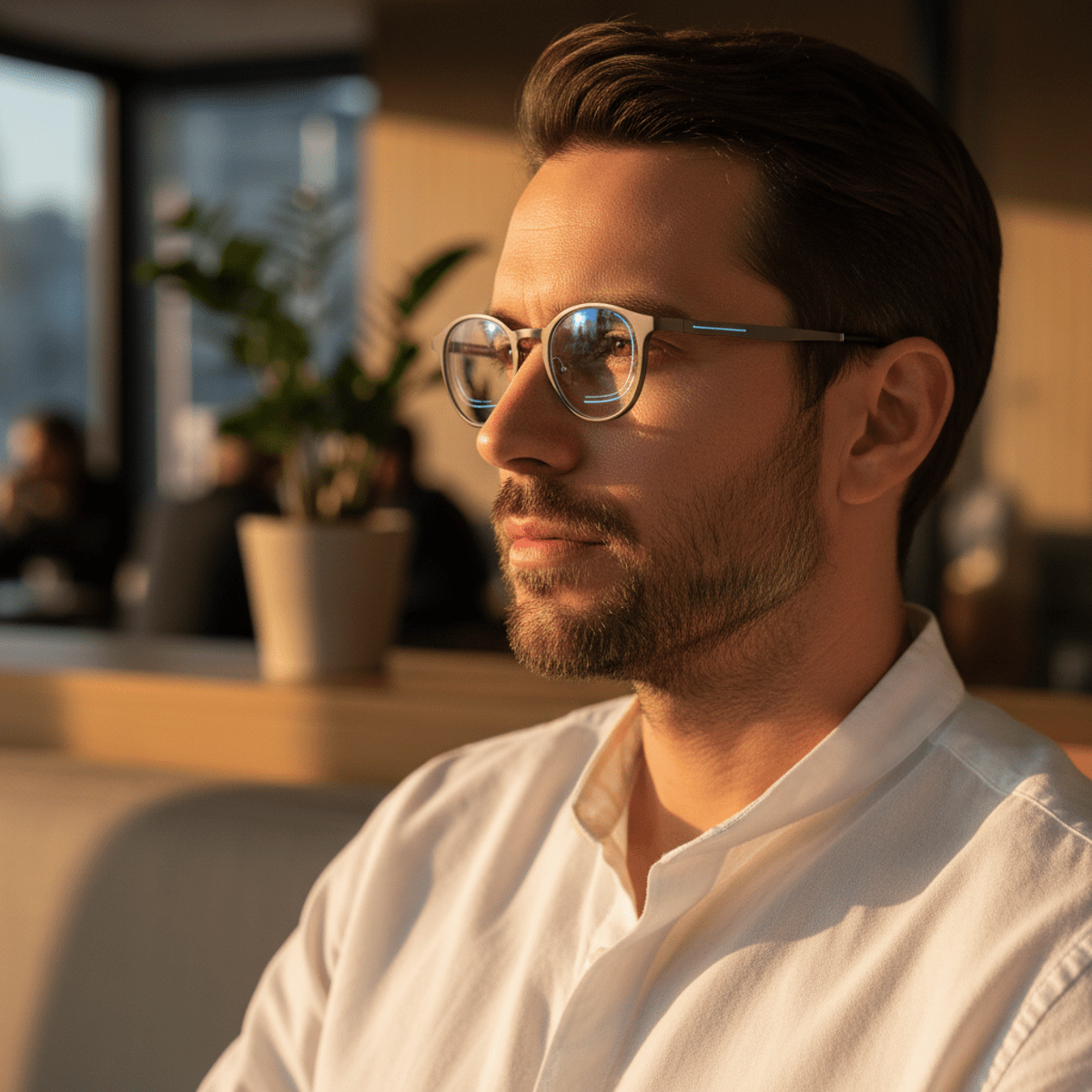 Refined round gunmetal eyeglasses with discreet embedded technology for men.