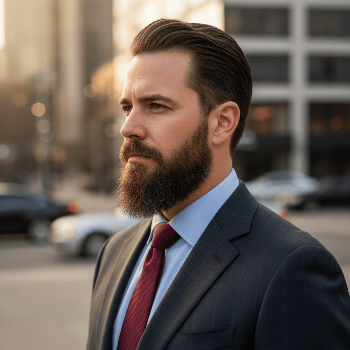 Man with a refined goatee in a tailored suit outdoors during golden hour.