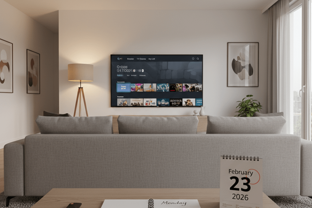 Living room with TV showing generic streaming menu, notebook reading Monday, and calendar highlighting date under soft ambient lighting