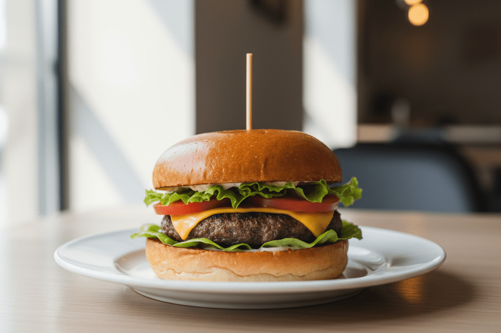 Close-up of fresh unbranded burger on plate under natural light symbolizing consumer skepticism