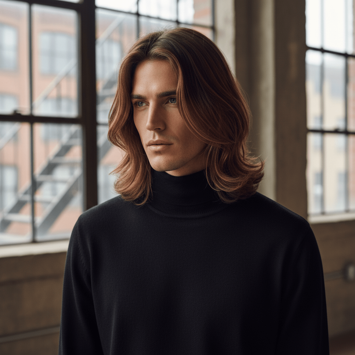 Man with shoulder-length, layered brown hair styled in soft waves in an urban loft.