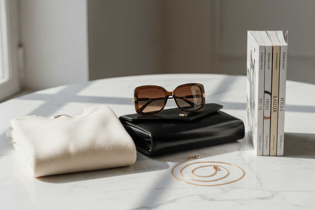 Medium shot of cashmere sweater, sunglasses, gold necklace, and fashion magazines on marble tabletop under soft natural light
