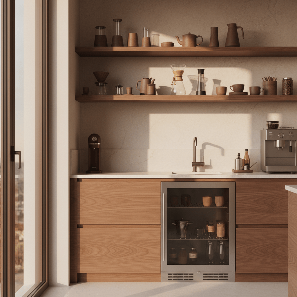 Luxurious modern kitchen barista corner with walnut shelves and cream stone backsplash.