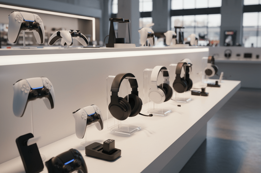 Wide shot of gaming accessories like controllers and headsets on a retail shelf, highlighting their role in boosting retailer margins