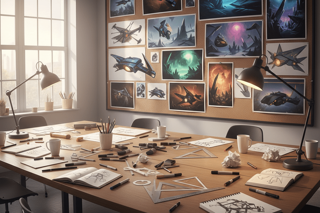 Wide shot of mood boards featuring alien landscapes and spacecraft sketches under warm ambient lighting
