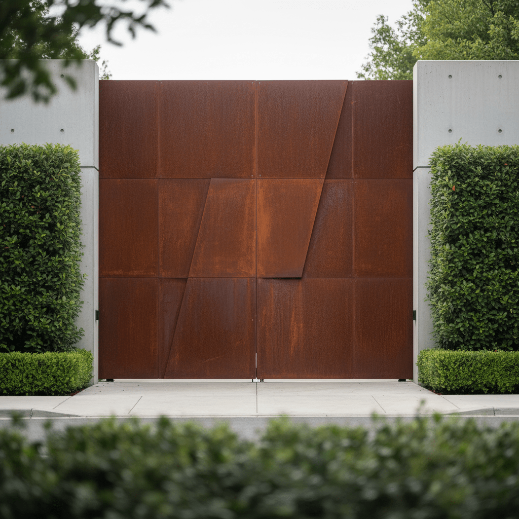 Monumental Corten steel gate with geometric cutouts framed by concrete walls and greenery.
