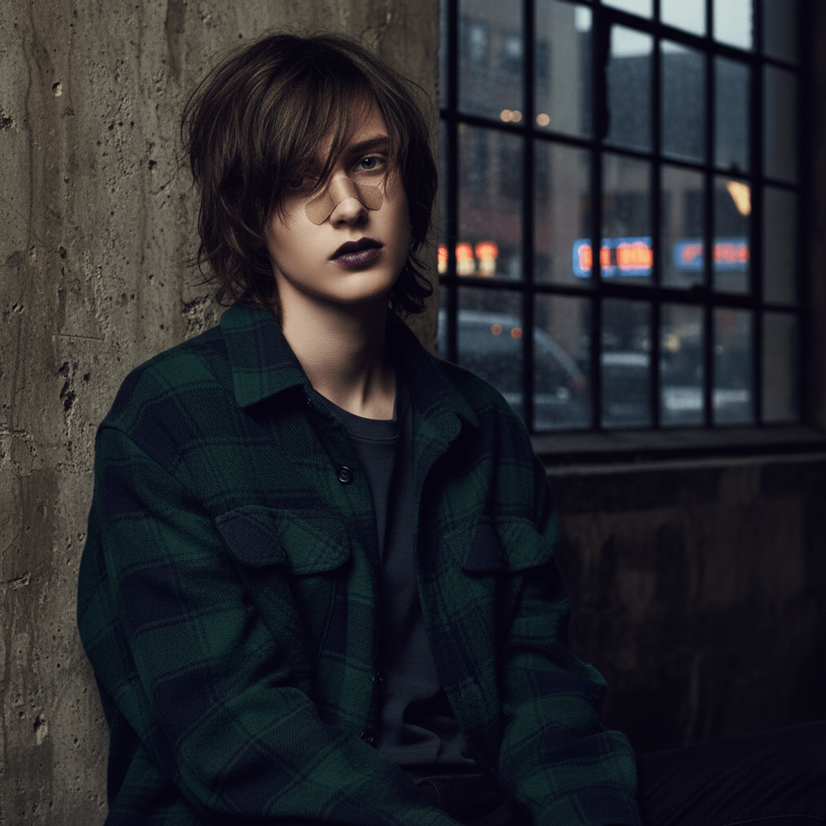Model with plaid bandaid on nose, vintage flannel, urban backdrop, cinematic lighting.