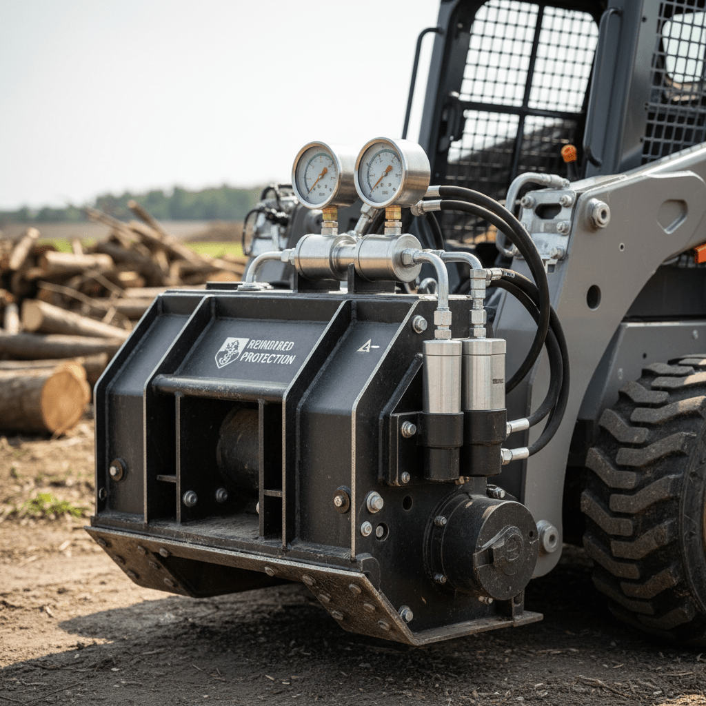 Close-up of skid steer mulcher hydraulics with metallic anti-cavitation valves and pressure gauges.