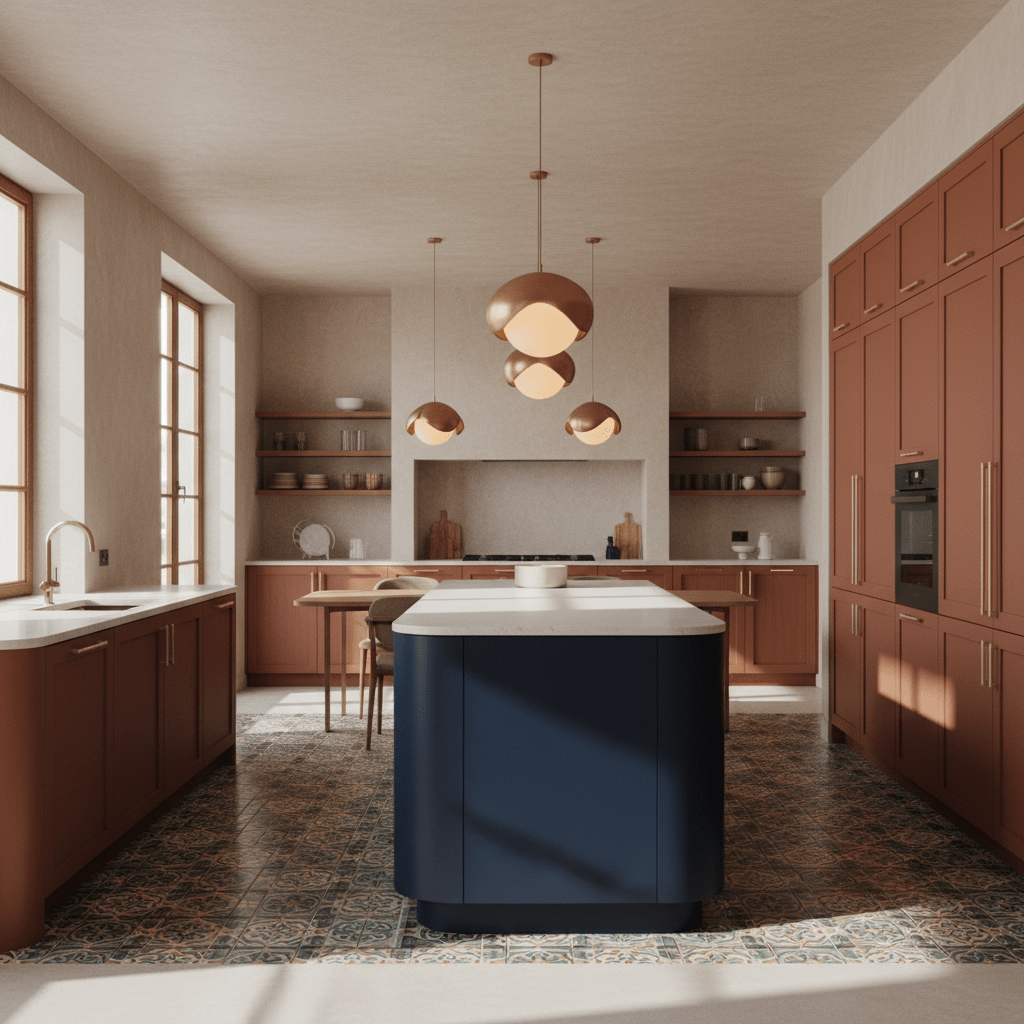 Sunlit modern kitchen with terracotta cabinets, navy island, and ceramic tile flooring.