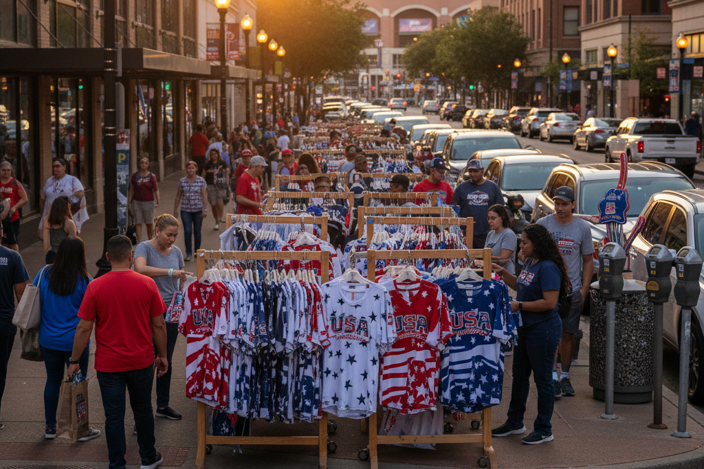 Street view of generic sports apparel and souvenirs near stadium under warm evening lights showing retail boom