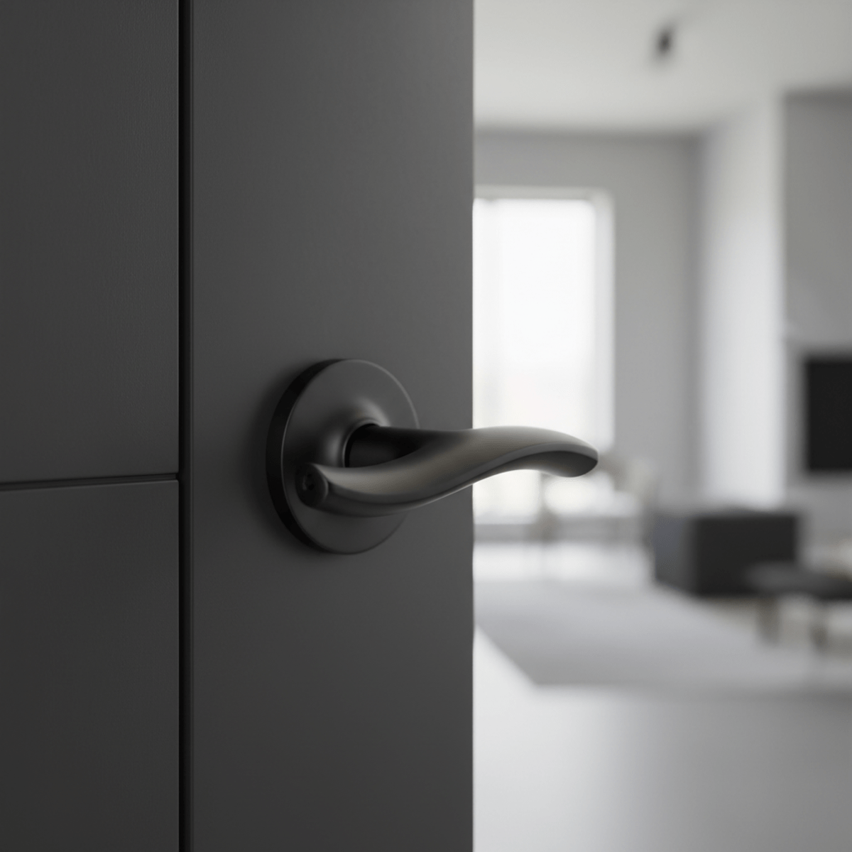 Sleek matte black door knob with curved lever on a modern interior door.
