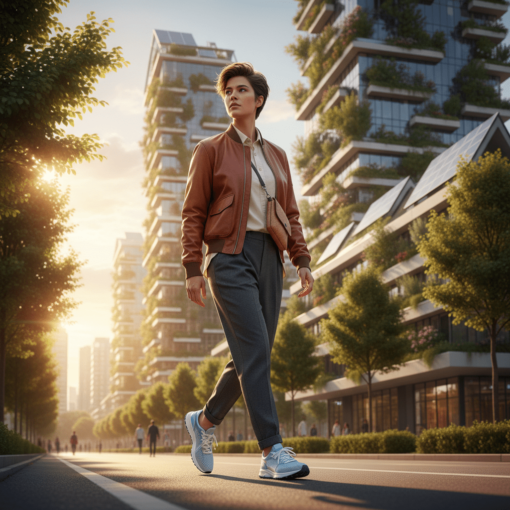 Person in apple leather jacket walks through a modern cityscape with vertical gardens.