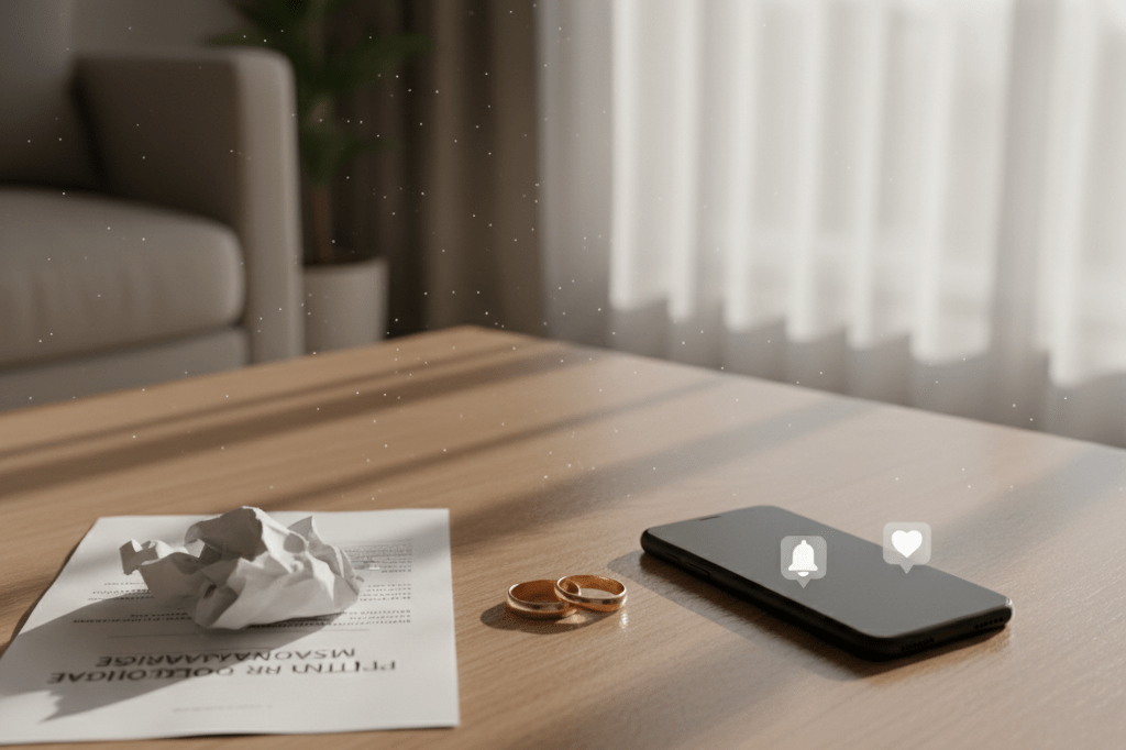 Two wedding rings and divorce papers on a table with a phone showing notifications under natural light