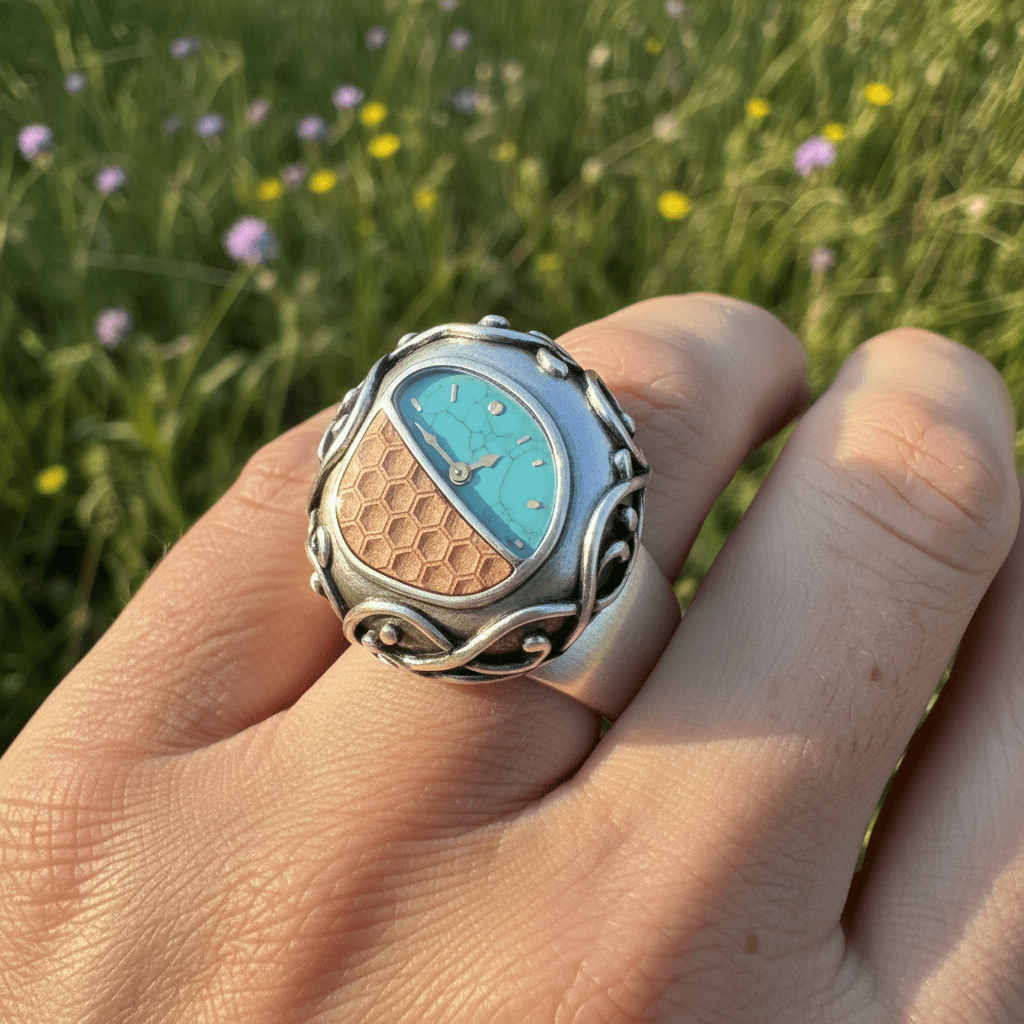 Eco-inspired ring watch with smooth pebble form, turquoise dial, and wood inlay.