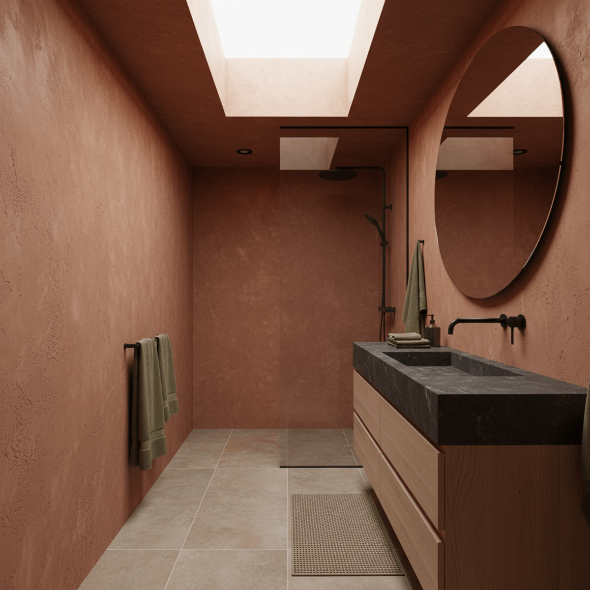 Modern bathroom design with terracotta, olive, and wood elements. Luxurious bathroom with terracotta walls, olive accents, and wood vanity.