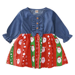New Fashion Christmas Santa Claus Print Dress Trumpet Long Sleeve Girl Dress