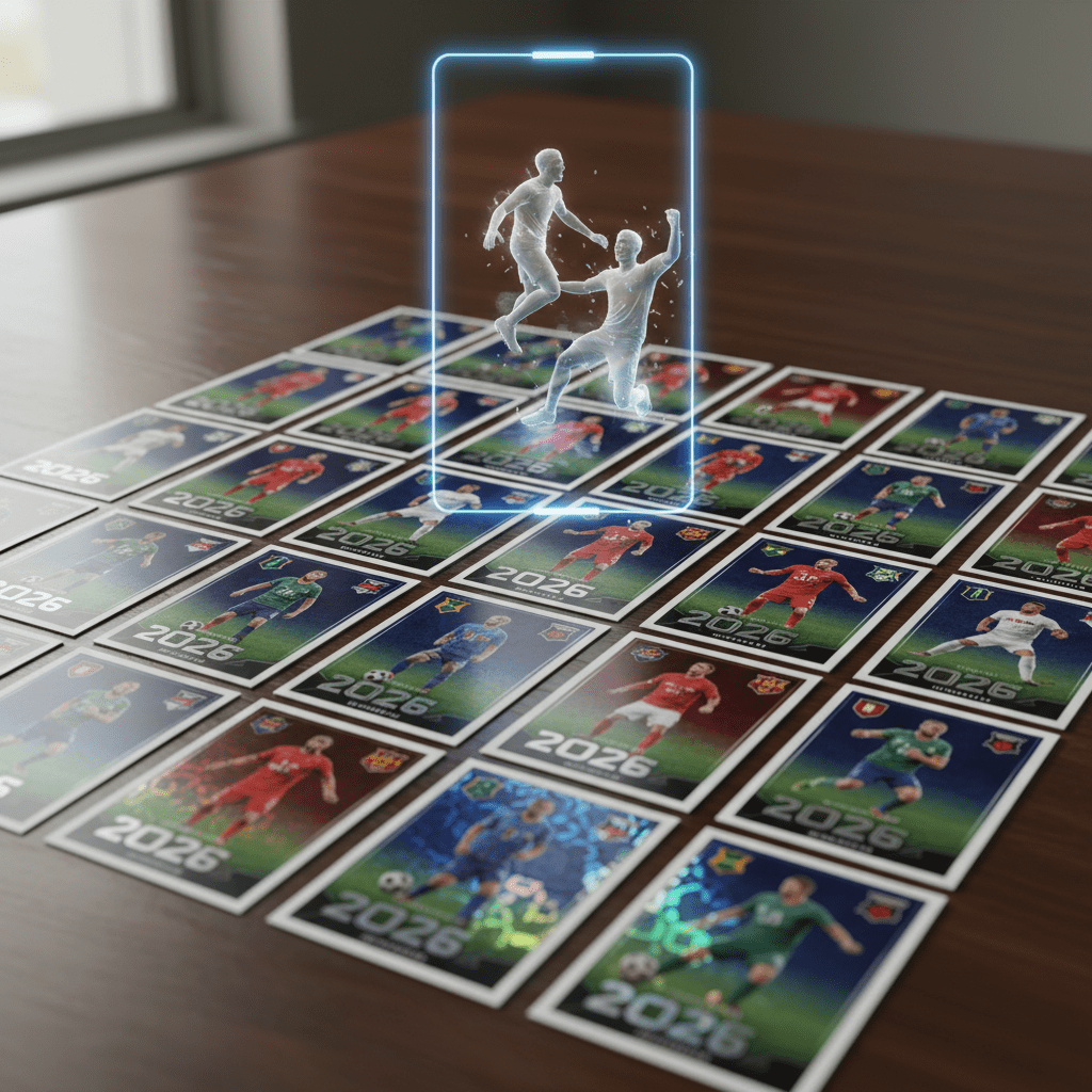 Football cards with player portraits and holographic QR patterns on a dark table.