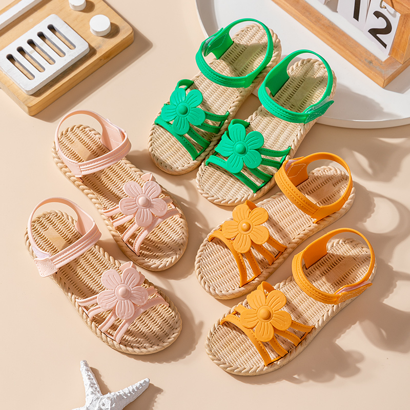 Оптовая продажа, симпатичные детские сандалии для девочек, детские Нескользящие сандалии на плоской подошве из ПВХ с милыми цветами