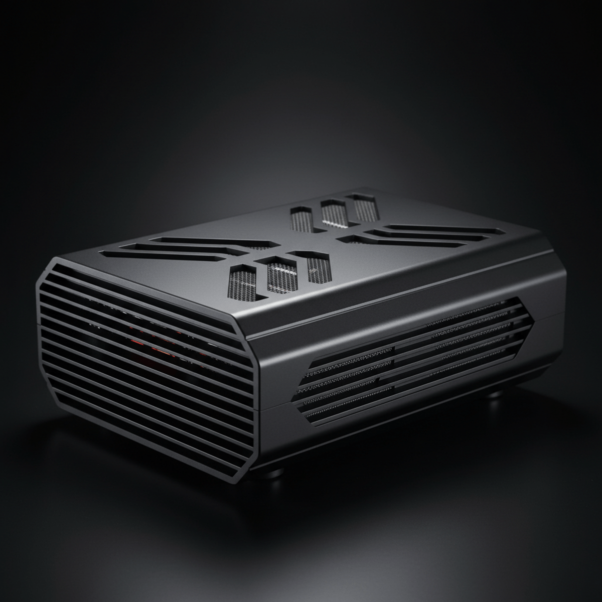Futuristic charcoal anodized aluminum audio amplifier enclosure with cooling fins and ventilation.