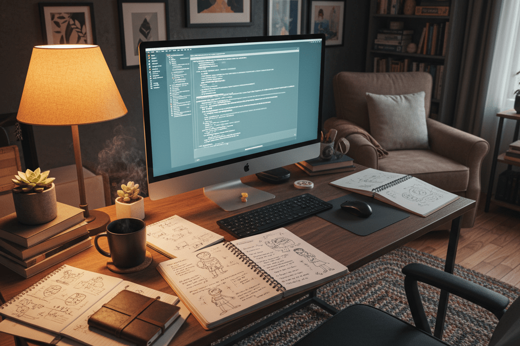 Warmly lit workspace with coding screen, notebooks, and coffee symbolizing disciplined creative process