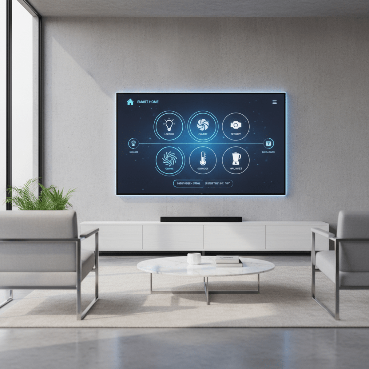 Sleek television displays a futuristic smart home dashboard in a modern living room.